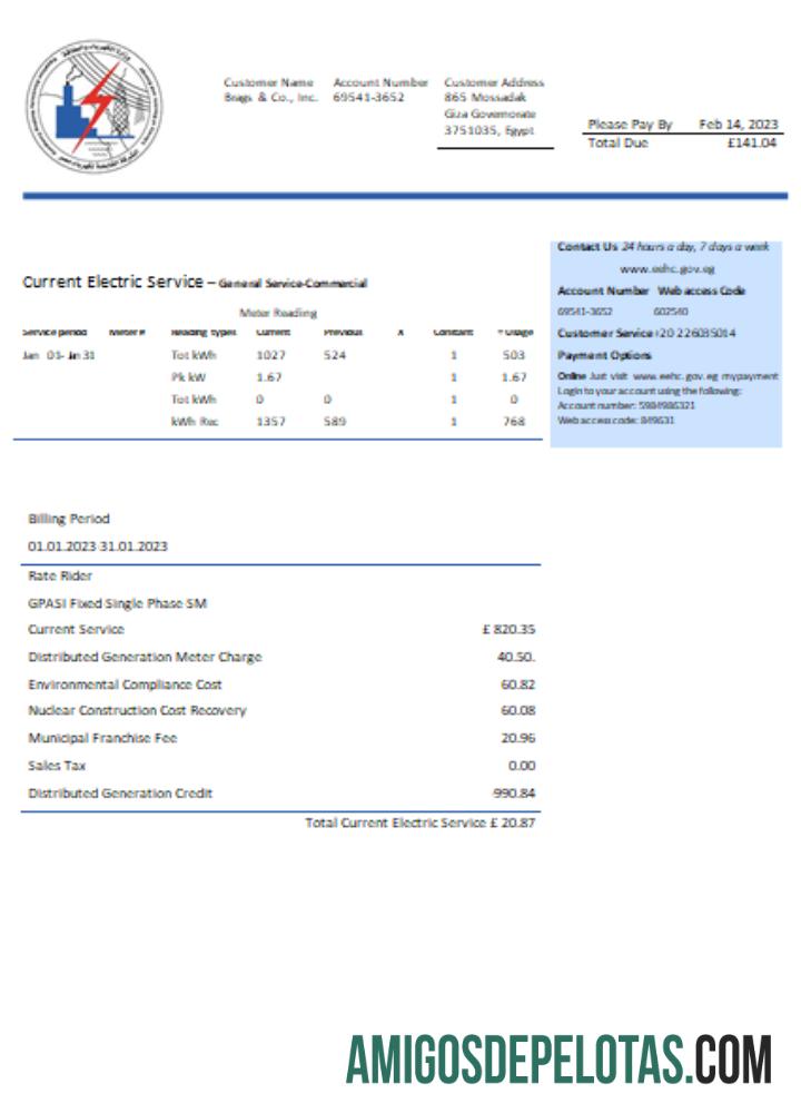 Projeto de lei de serviços públicos de eletricidade egípcio, SCR exemplo real